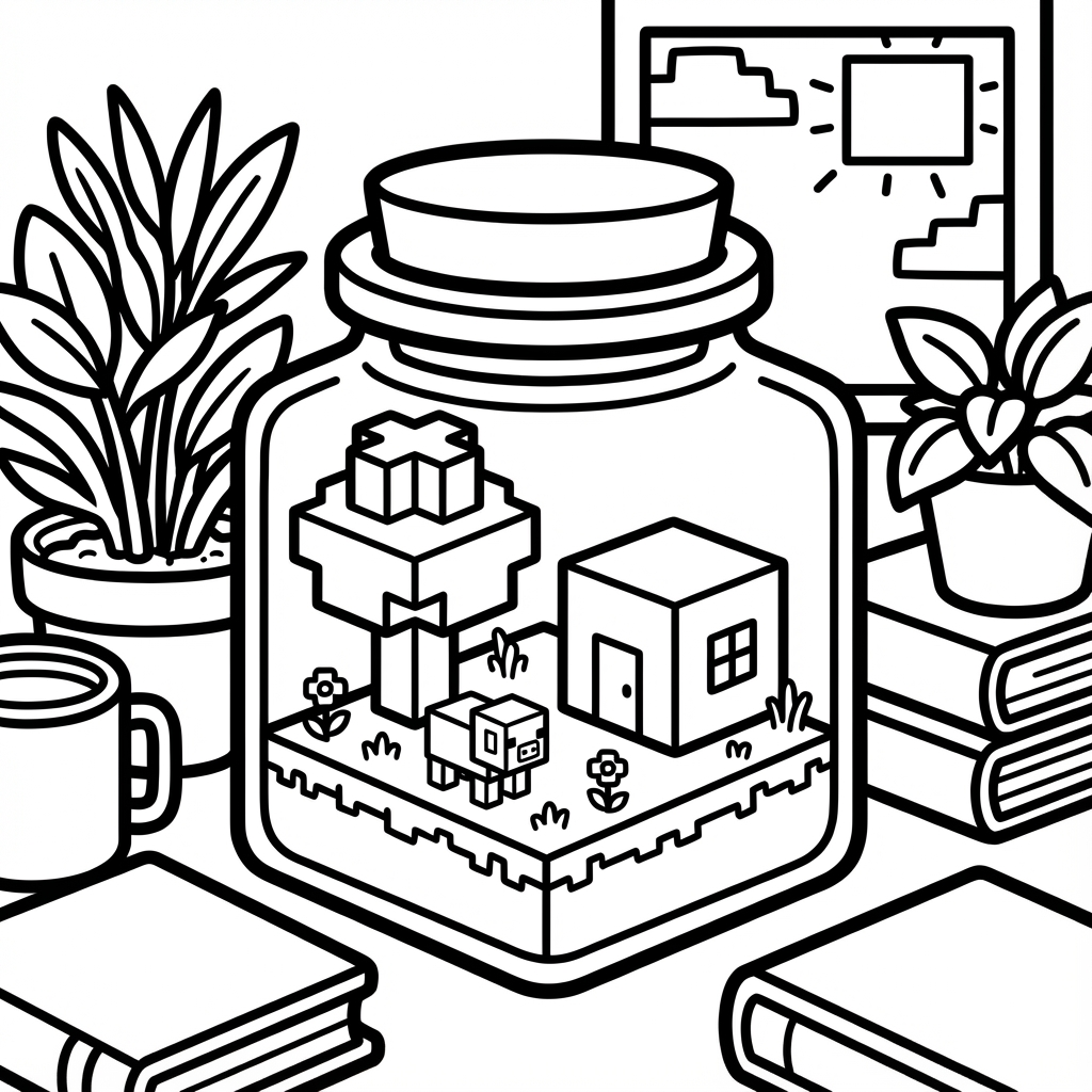 Picnic basket in a jar on a checkered mat, a perfect easy coloring pages for toddlers scene.